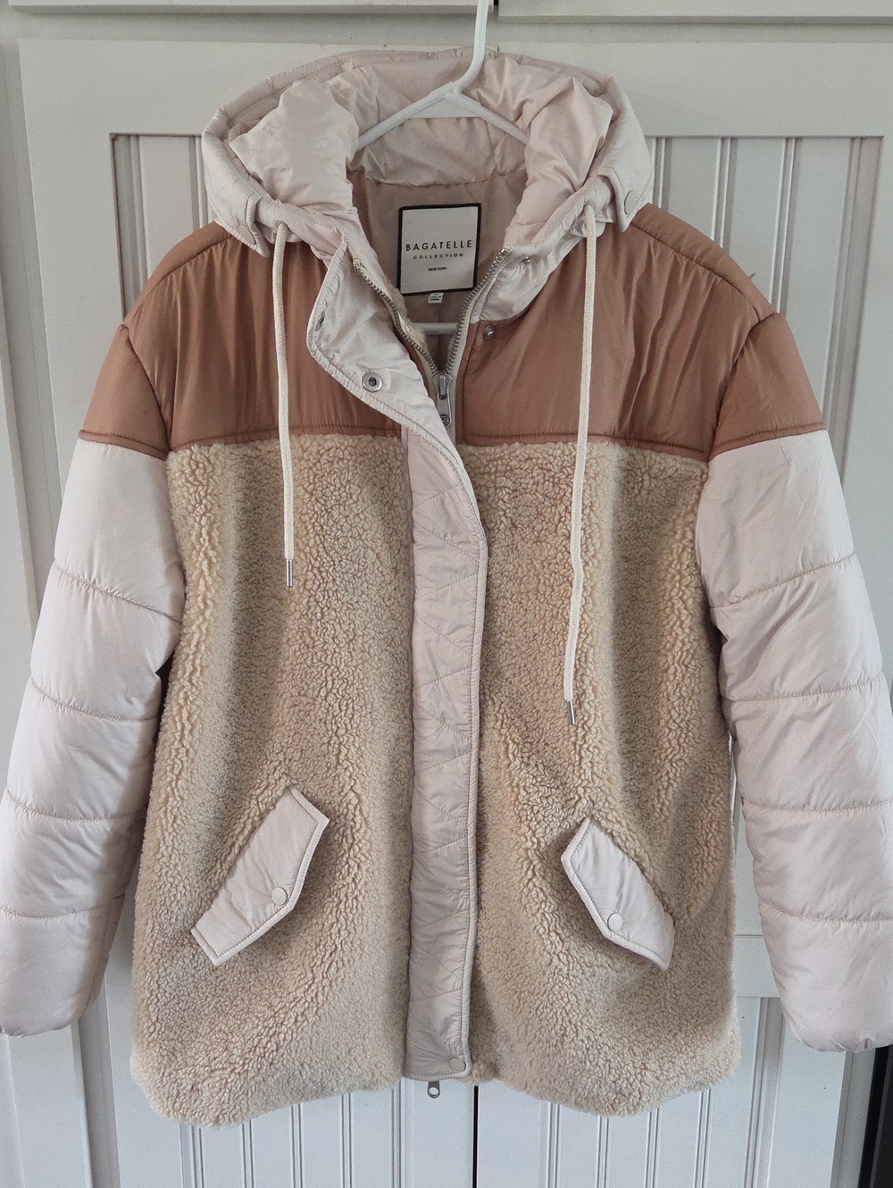 Bagatelle Cream & Beige Oversized Sherpa Puffer Jacket with Hood